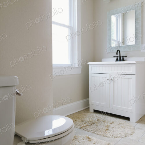 Interior view of white bathroom with toilet and vanity sink unit with taps. Interior view of white bathroom with toilet and vanity sink unit with taps.