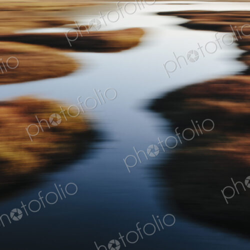 Intertidal estuary with water channels at dusk