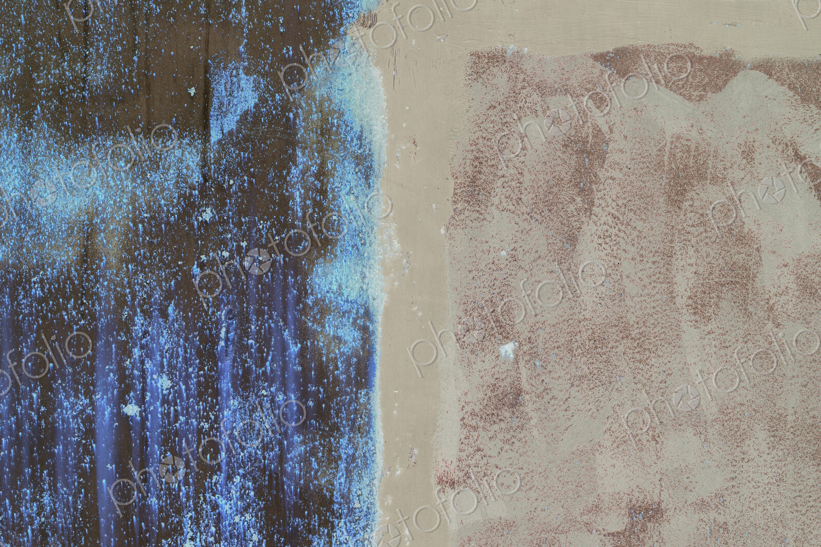 Inverted abstract image of rusty metal wall, half covered in paint, decay.