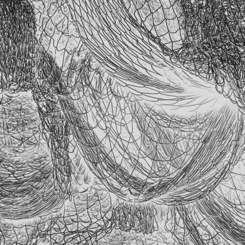 Inverted black and white image of commercial fishnets and ropes on a fishing quay.