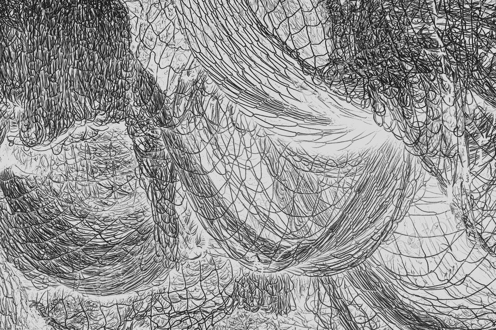 Inverted black and white image of commercial fishnets and ropes on a fishing quay.