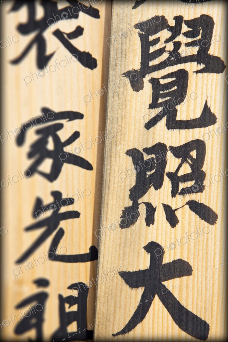 Japanese characters written on prayer sticks, Tokyo, Japan, closeup