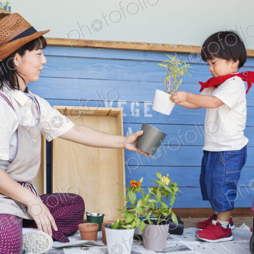 Japanese woman wearing hat and boy sitting outside a farm shop, planting flowers into… Japanese woman wearing hat and boy sitting outside a farm shop, planting flowers into…