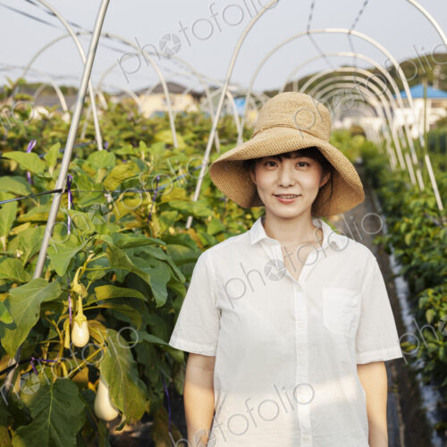 Japanese woman wearing hat standing in vegetable field, smiling at camera. Japanese woman wearing hat standing in vegetable field, smiling at camera.