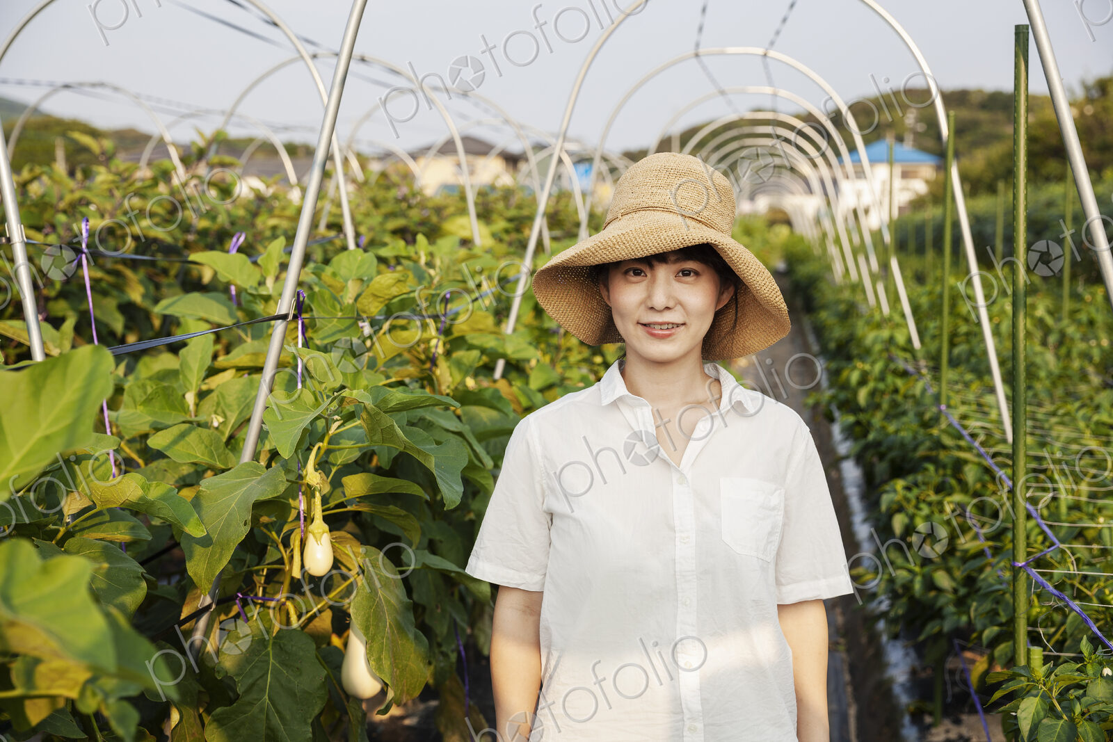 Japanese woman wearing hat standing in vegetable field, smiling at camera.