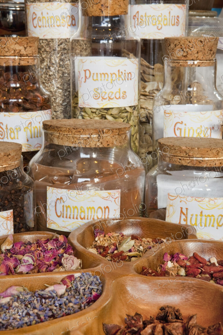 Jars of seeds and plant material, herbs on shelves in an apothecary shop.