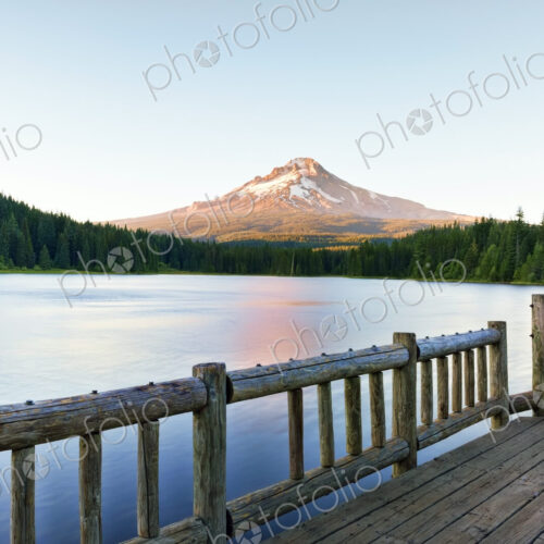 Jetty at Government Camp, Trillium lake, with a view of Mount Hood.