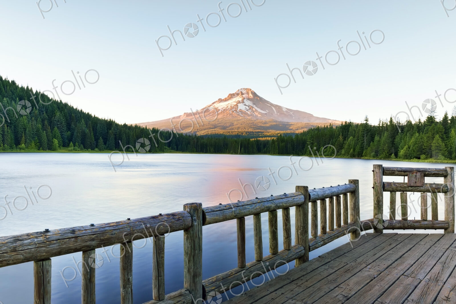 Jetty at Government Camp, Trillium lake, with a view of Mount Hood.