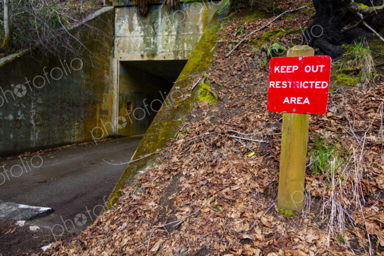 Keep Out Restricted Area sign at old World War 2 era bunker, Salt Creek Recreational…