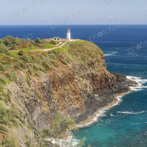 Kilauea Lighthouse on coastline, Hawaii, United States