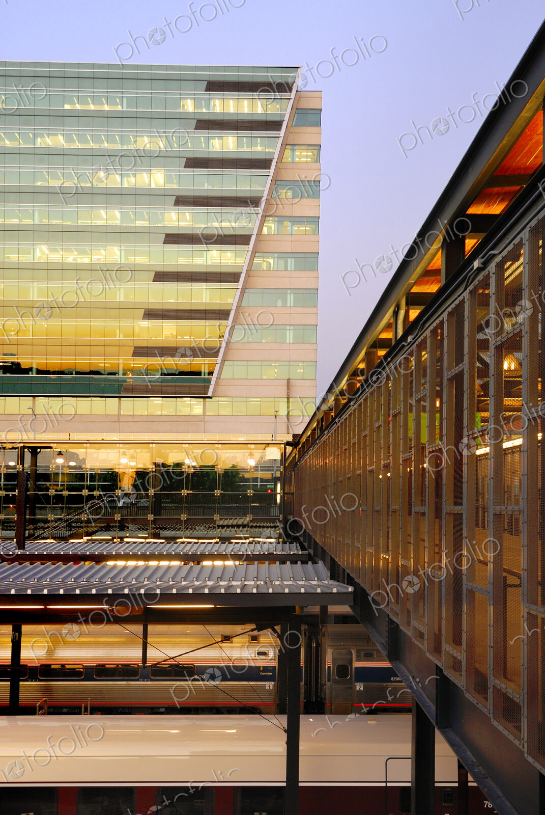 King Street railway station at dusk, Seattle city, modern architecture, glass…