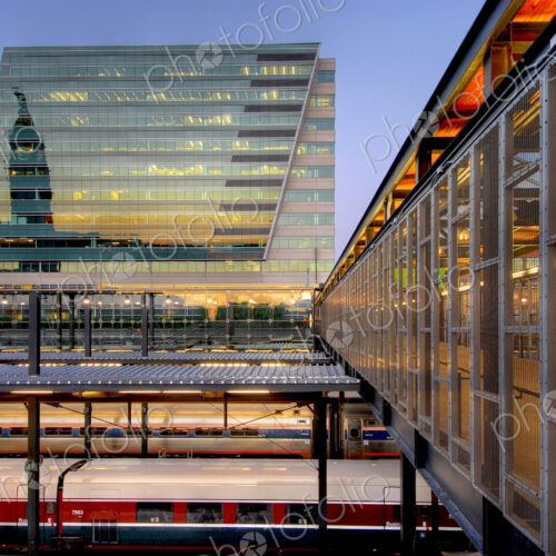 King Street railway station at dusk, downtown architecture in Seattle City King Street railway station at dusk, downtown architecture in Seattle City