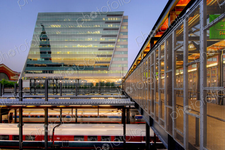 King Street railway station at dusk, downtown architecture in Seattle City