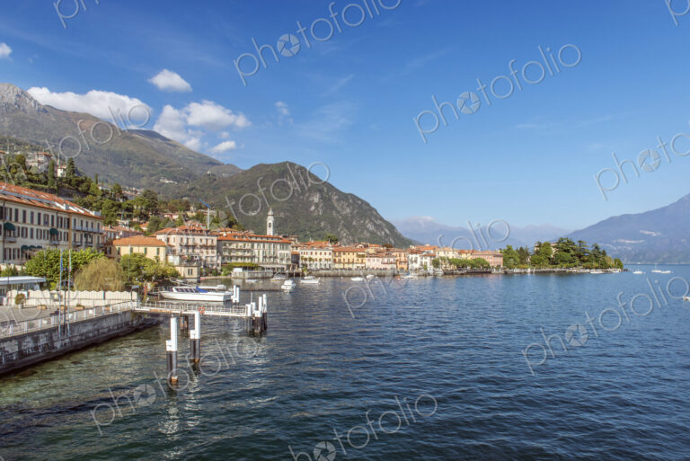 Lake Como and buildings in remote landscape, Menaggio, Como, Italy