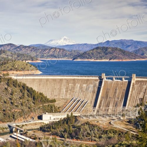 Lake Shasta Dam with Mount Shasta in background, Shasta, California, USA Lake Shasta Dam with Mount Shasta in background, Shasta, California, USA