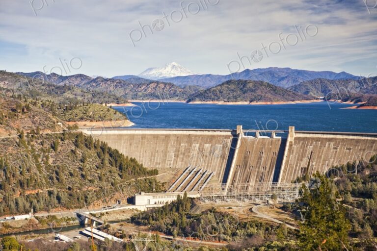Lake Shasta Dam with Mount Shasta in background, Shasta, California, USA