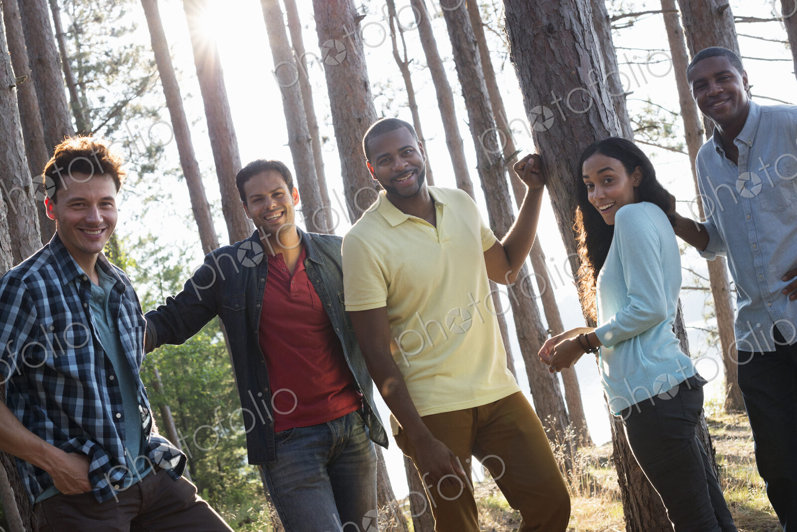 Lakeside. A group of people, friends gathered in the shade of pine trees in summer.