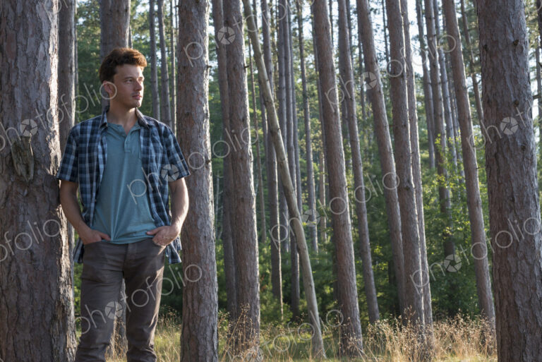 Lakeside. A man standing in the shade of pine trees in summer.
