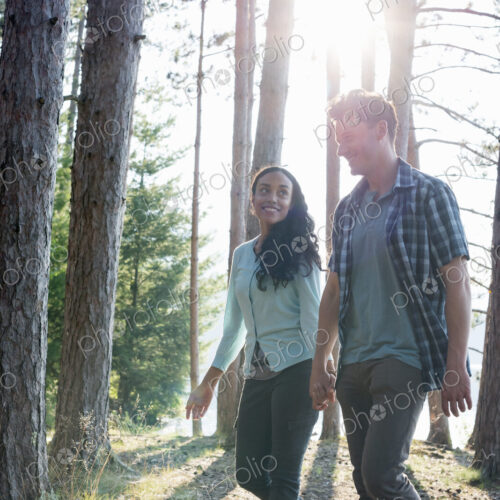 Lakeside. Two people walking in the shade of pine trees in summer. Lakeside. Two people walking in the shade of pine trees in summer.