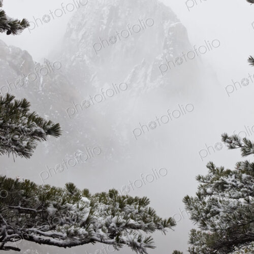 Landscape with trees and snow-capped narrow steep mountain disappearing in the mist. Landscape with trees and snow-capped narrow steep mountain disappearing in the mist.