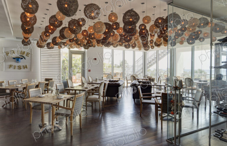 Lanterns over tables in restaurant