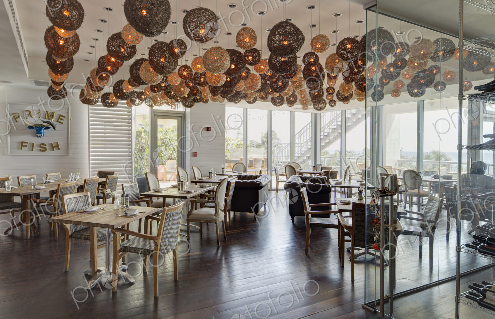 Lanterns over tables in restaurant