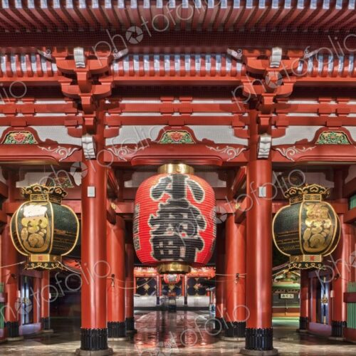 Large paper lantern hangs over the entrance to Senso-Ji Temple at night, Asakusa