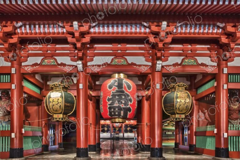 Large paper lantern hangs over the entrance to Senso-Ji Temple at night, Asakusa