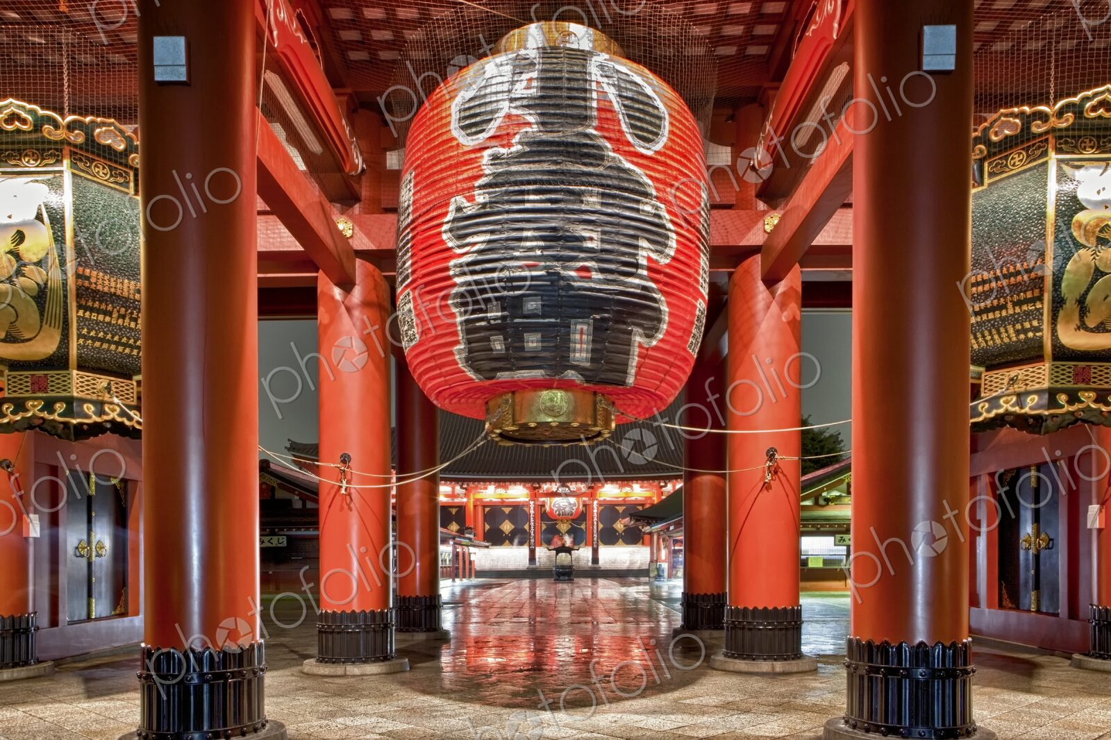 Large paper lantern hangs over the entrance to Senso-Ji Temple at night, Asakusa,…