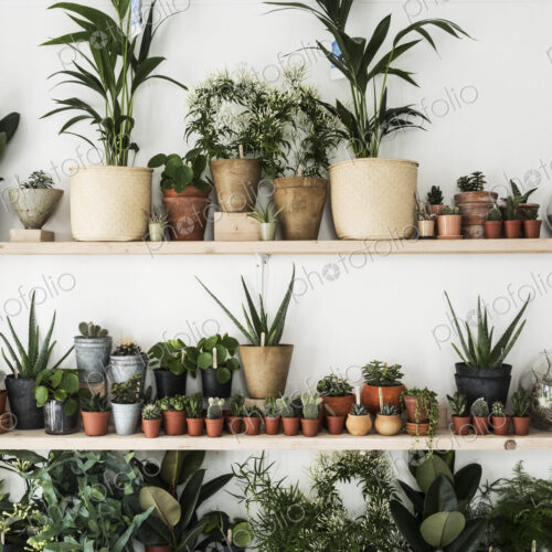 Large selection of plants in flowerpots on shelves in a plant shop. Large selection of plants in flowerpots on shelves in a plant shop.