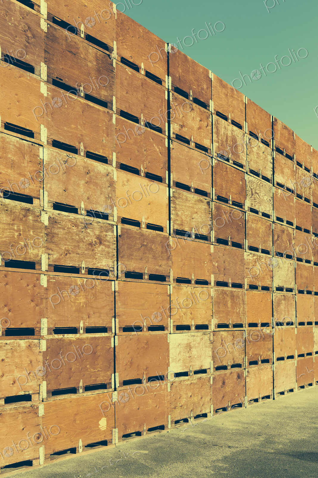 Large stack of fruit boxes for harvesting and storing apples, near Quincy