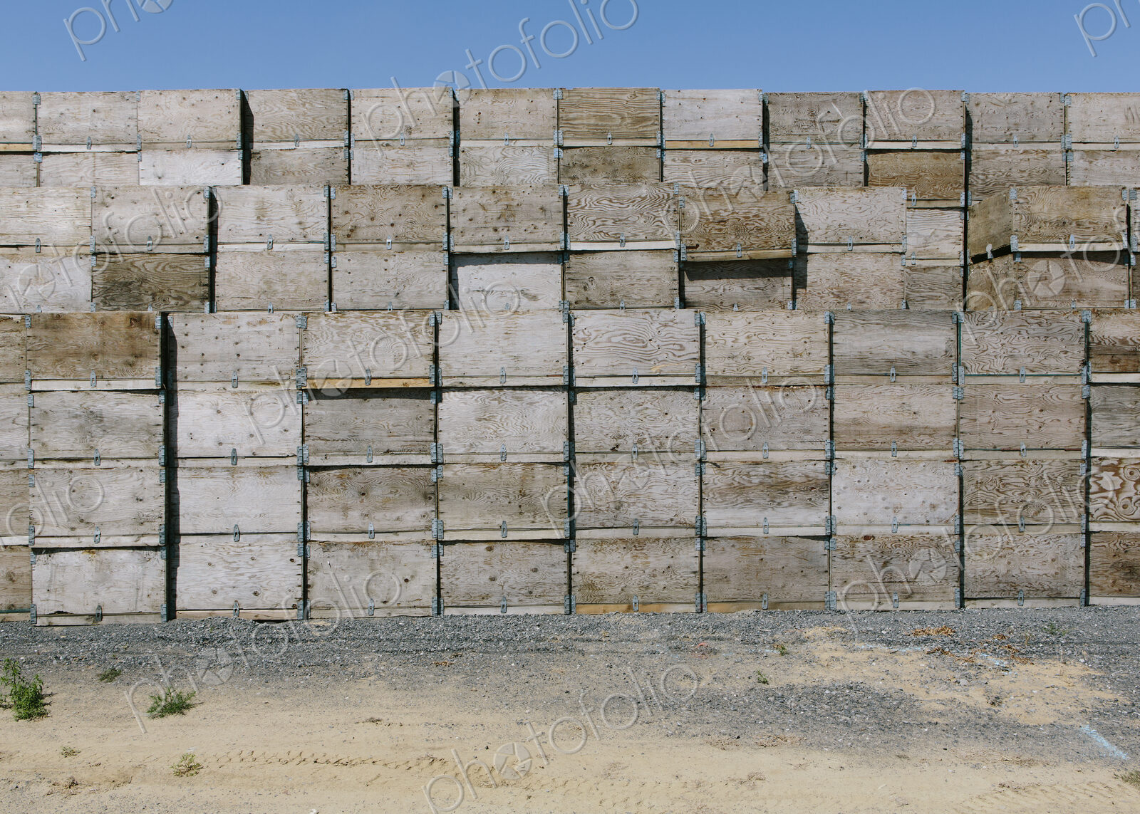 Large stack of fruit boxes for harvesting and storing apples, near Quincy