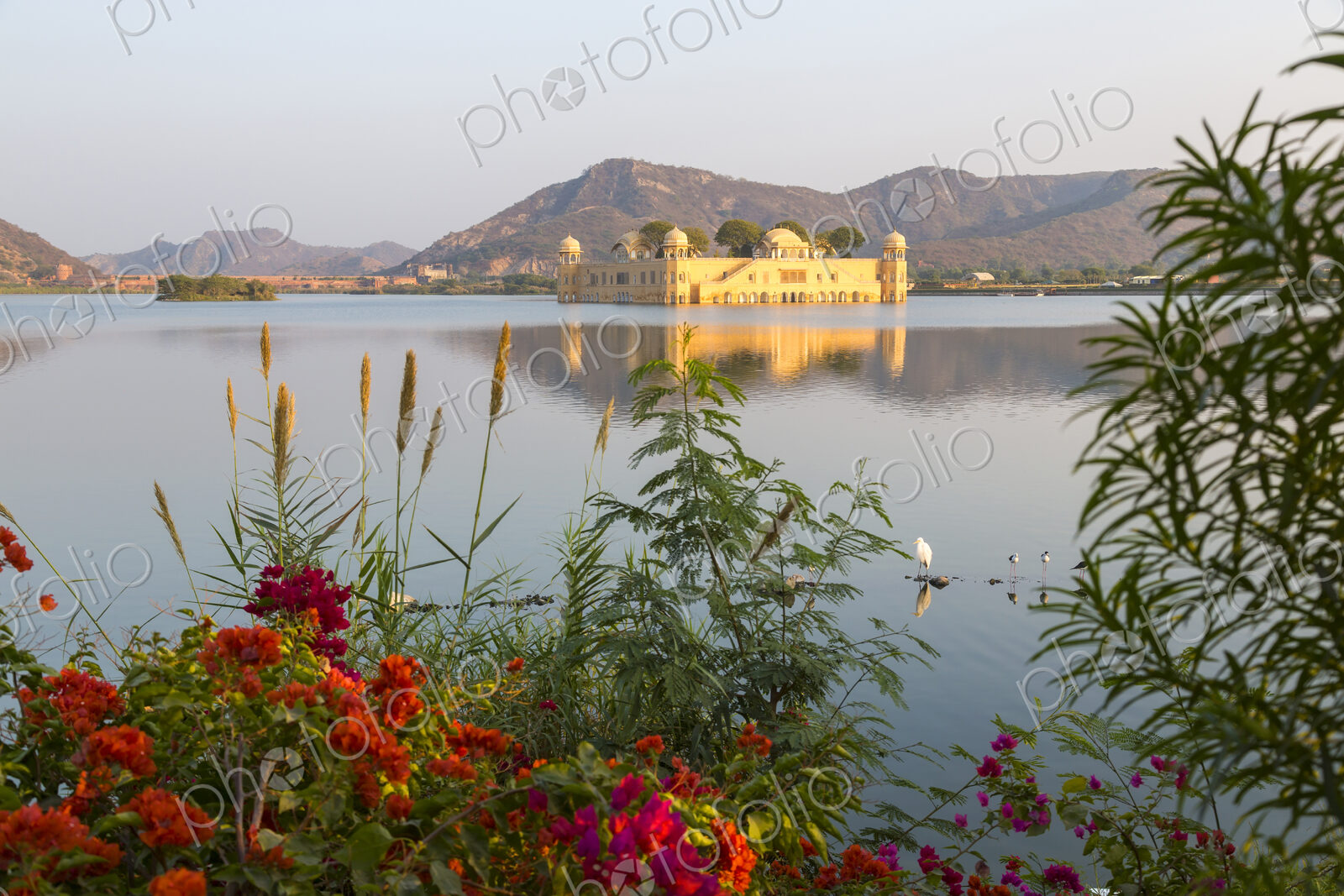 Large water palace in the middle of a lake, red flowers in the foreground.