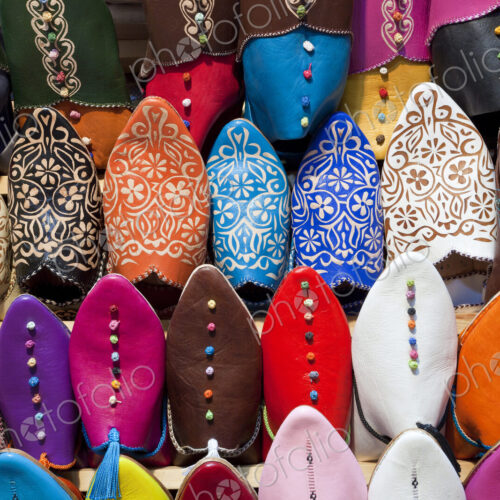 Leather slippers for sale in the Souk, Marrakech (Marrakesh), Mo