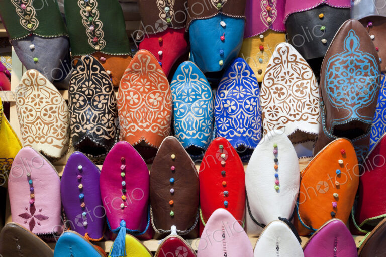 Leather slippers for sale in the Souk, Marrakech (Marrakesh), Mo