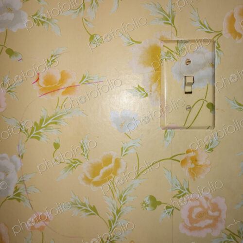 Light switch on a floral patterned wall papered wall
