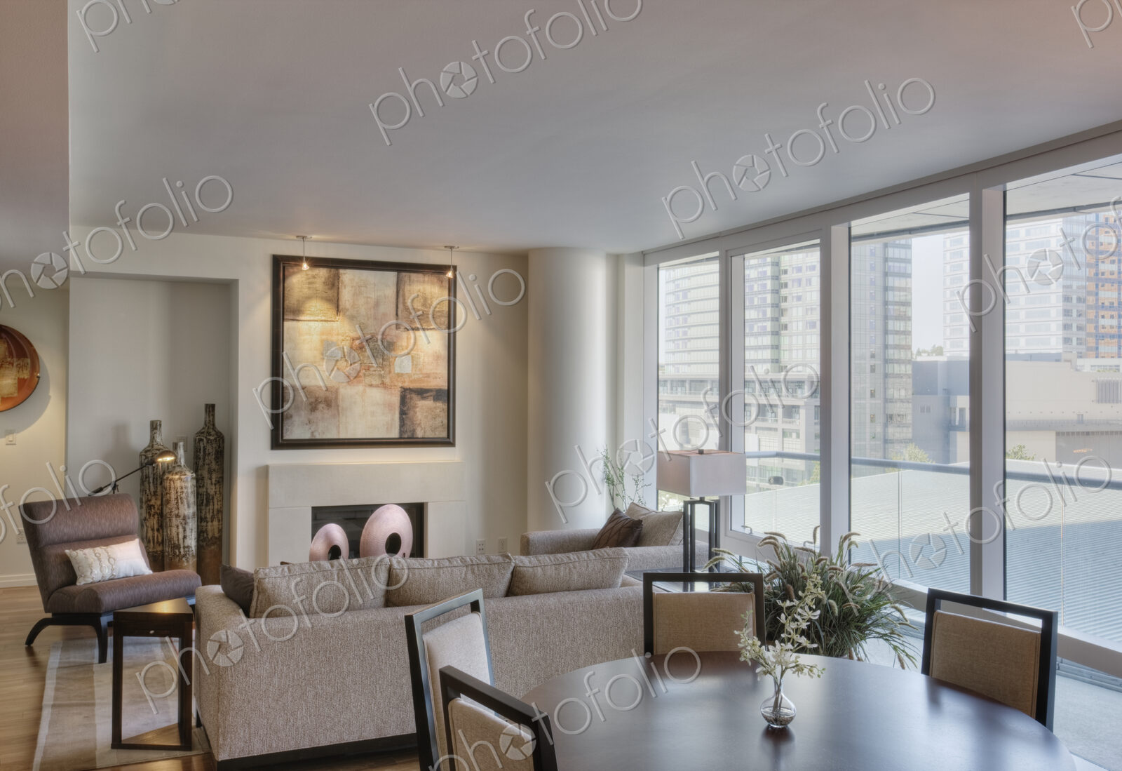 Living room and dining room in luxury highrise apartment