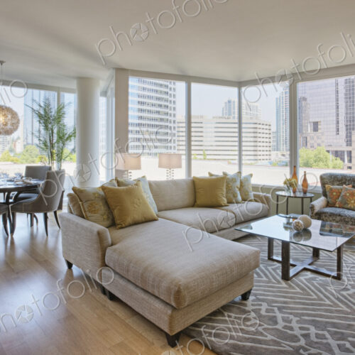 Living room and dining room in luxury highrise apartment