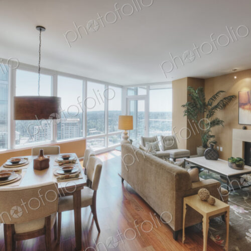 Living room and dining room in luxury highrise apartment
