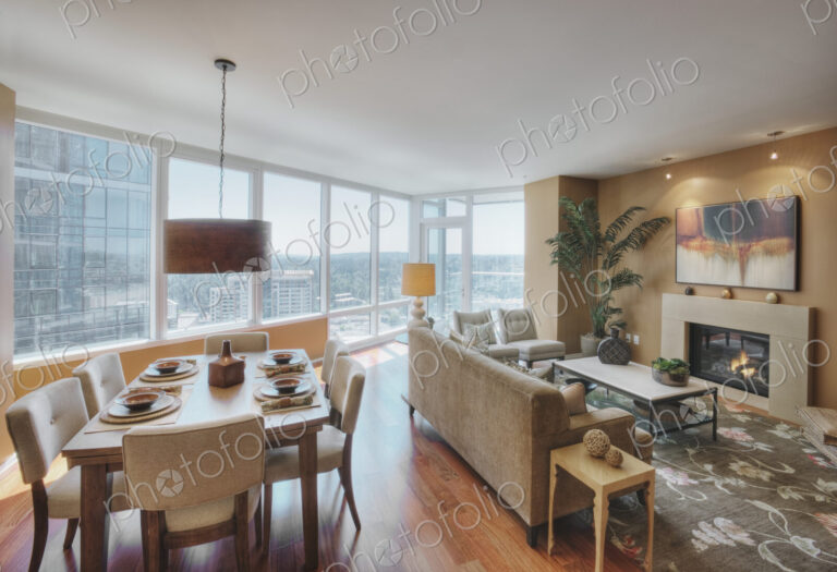 Living room and dining room in luxury highrise apartment