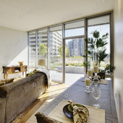 Living room and dining room in luxury highrise apartment