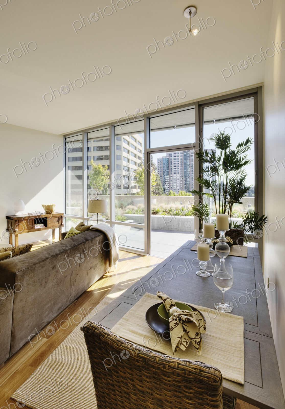 Living room and dining room in luxury highrise apartment