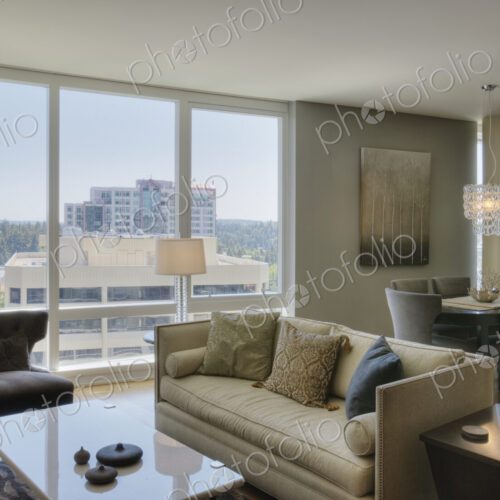 Living room and dining room in luxury highrise apartment