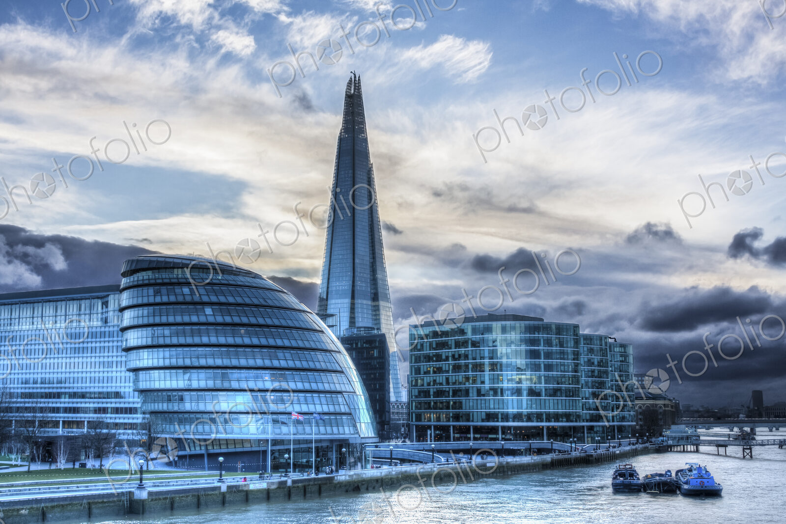 London City Hall and the Shard located on the South Bank at the River Thames.