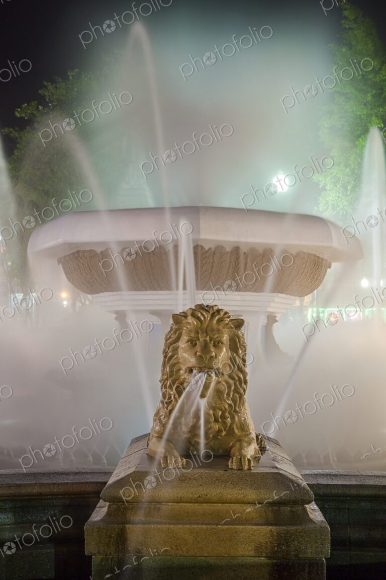 Long exposure night view of the Fountain of the Lions in Plaza Las Delicias, Ponce,…