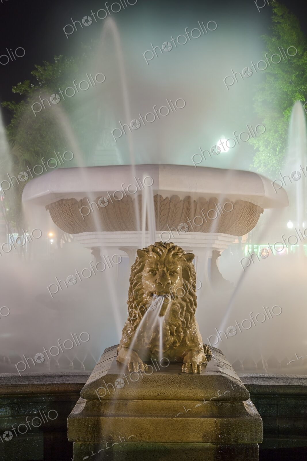 Long exposure night view of the Fountain of the Lions in Plaza Las Delicias, Ponce,…