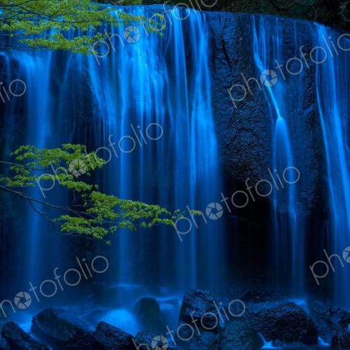 Long exposure of waterfall with branch of Maple tree with green leaves in foreground. Long exposure of waterfall with branch of Maple tree with green leaves in foreground.