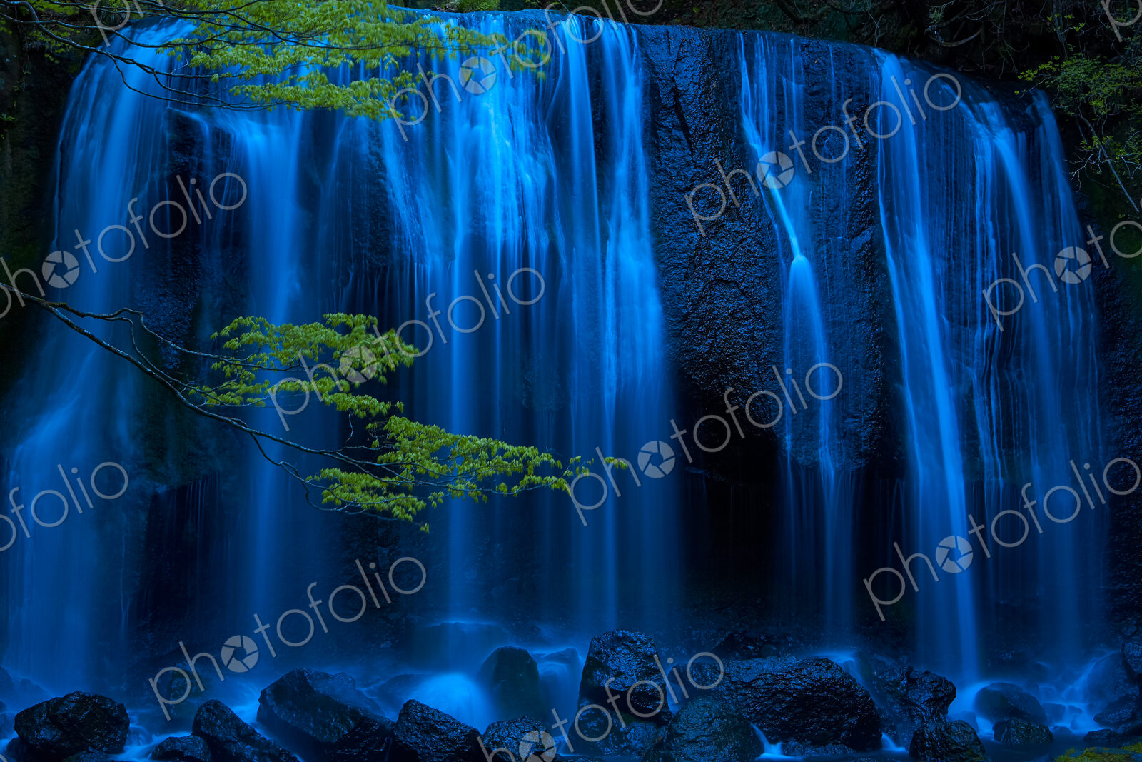 Long exposure of waterfall with branch of Maple tree with green leaves in foreground.