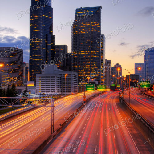 Long exposure view of traffic driving on urban highway, Seattle, Washington, United States Long exposure view of traffic driving on urban highway, Seattle, Washington, United States