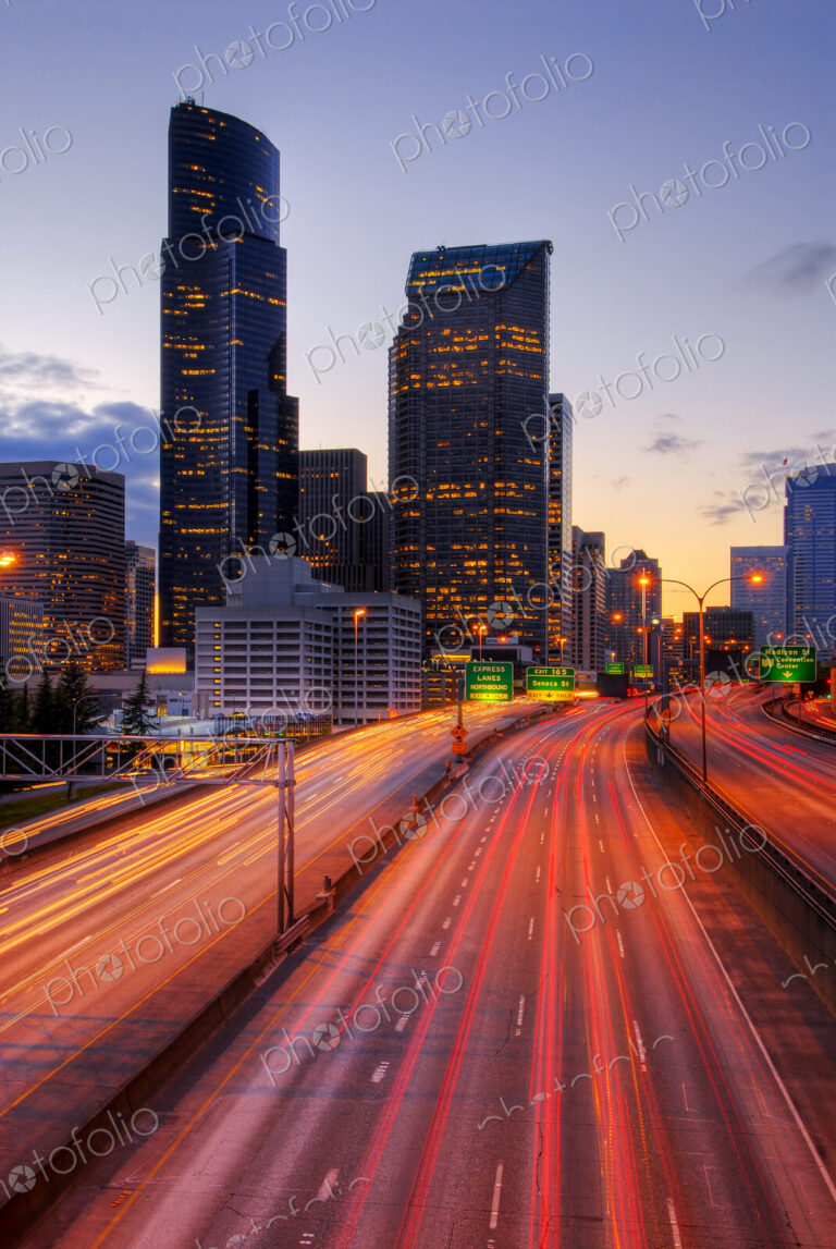 Long exposure view of traffic driving on urban highway, Seattle, Washington, United States